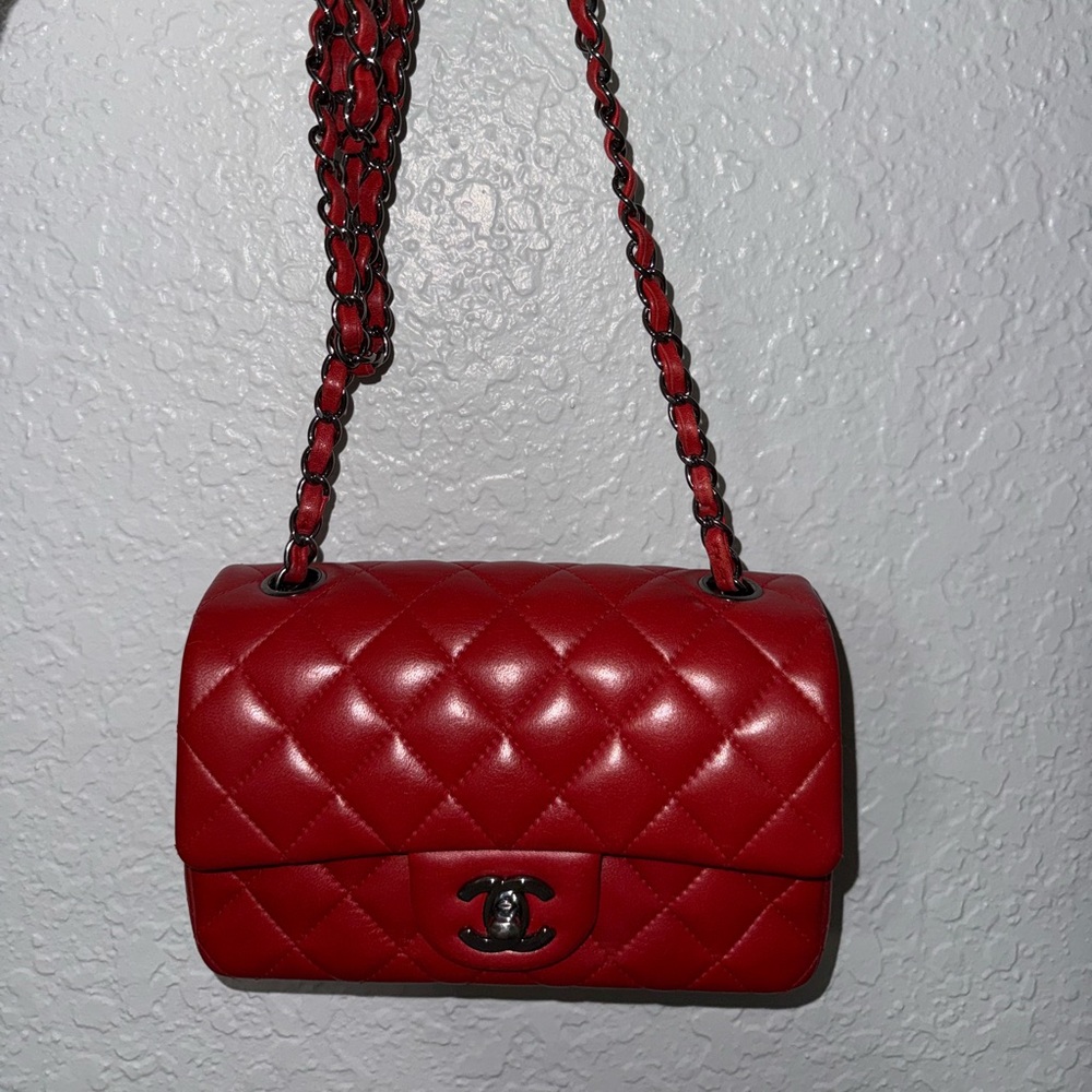 Chanel red mini rectangular bag, lamb skin